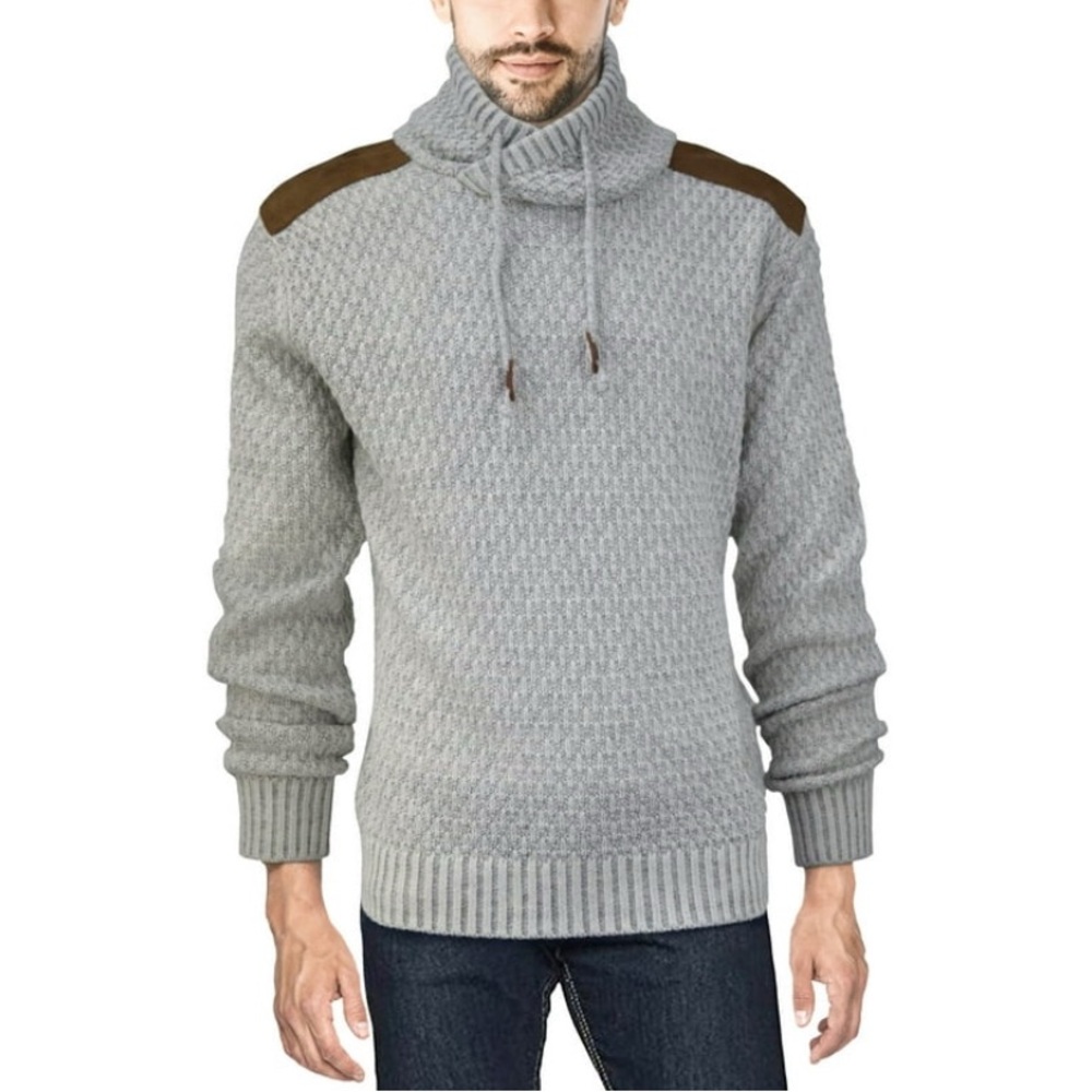 XRAY JEANS Mens Funnel Neck Sweater Faux Leather Shoulder‎ Patch Gray Large